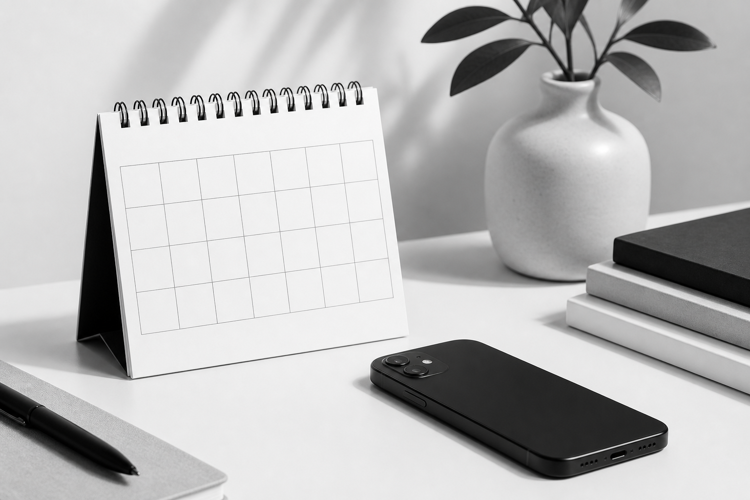 Monochrome editorial photograph of a desk calendar and phone