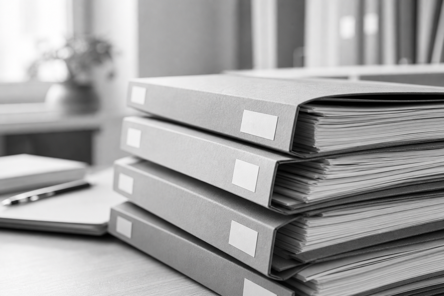 Monochrome editorial photograph of labelled document folders