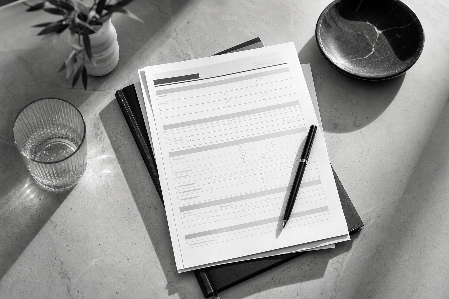 Monochrome editorial photograph of organised loan paperwork on a stone desk